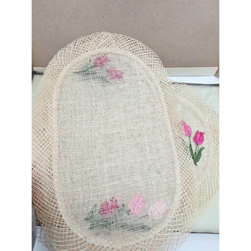 Handwoven Raffia Straw Oval Placemats Round Coasters Embroidered Pink Tulip 4 ea